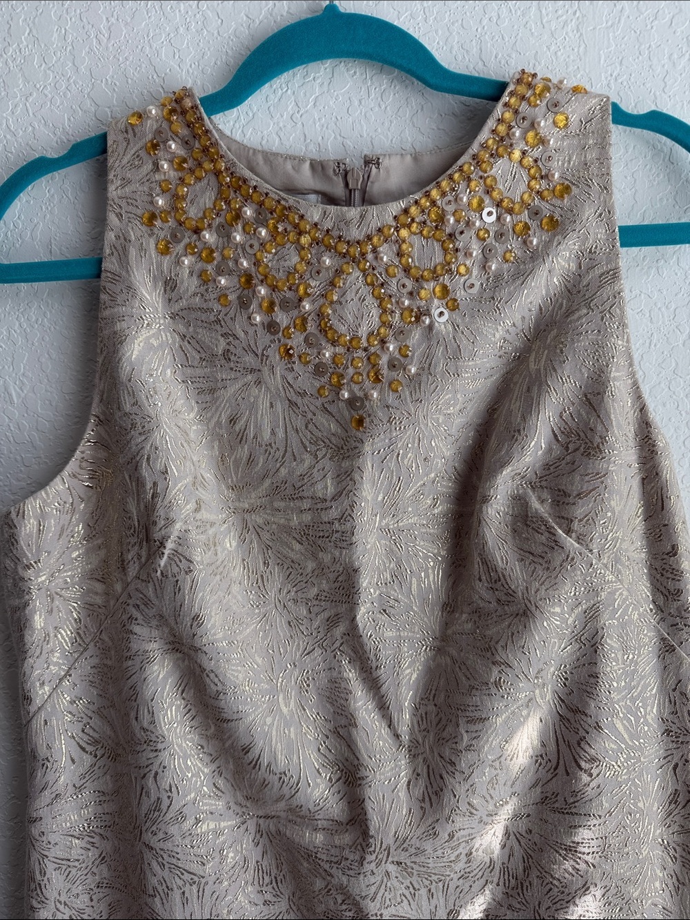 Maggy London Gold Sheath Dress with Gold Embellished Neckline
